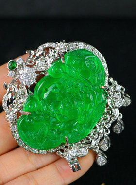 缅甸冰种满绿翡翠牡丹项链吊坠精品浮雕银镶玉佩挂件帝王绿项链坠
