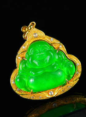 正品缅甸冰种帝王绿龙石种佛公吊坠手工银镶嵌冰透老料满绿弥勒佛