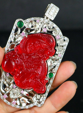 缅甸冰种老红翡龙戏珠项链吊坠翡翠色手工银镶嵌生肖龙男女款玉佩
