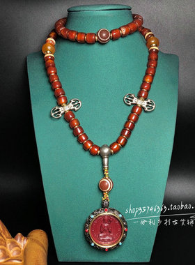 藏红天然老红玛瑙朱砂佛牌项链原矿桶珠手链男女本命转运佛珠颈饰
