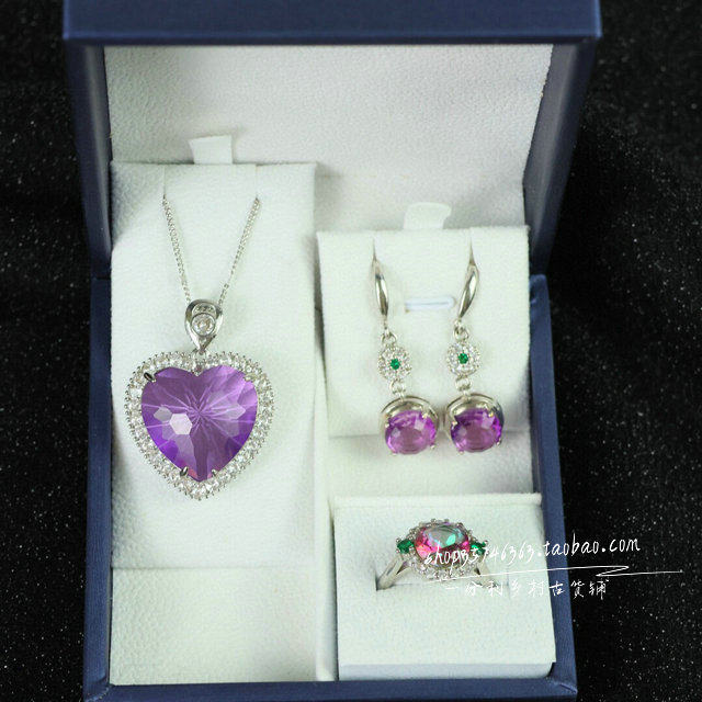 精品多面宝石项链耳环三件套组合套装女款复古时尚百搭首饰品