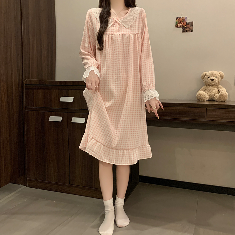 睡衣女春秋新款云朵棉格子长袖睡裙韩版宽松甜美可爱公主风家居服