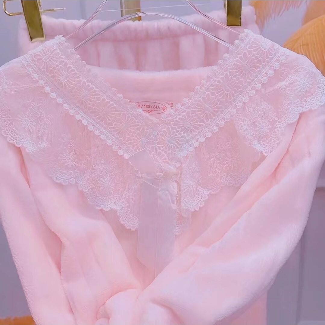 法兰绒睡衣女秋冬甜美公主风长袖长裤两件套珊瑚绒女士家居服套装