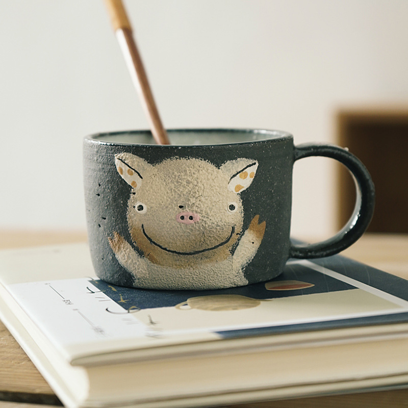 日本进口中村明美陶艺手作粗陶日式可爱风儿童机器人动物马克杯子