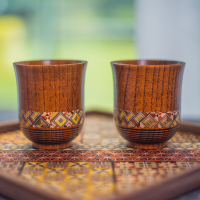 日本茶杯套装寄木细工木质手工