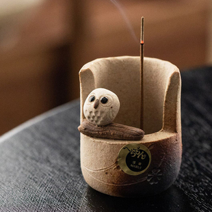 香盘 日本信乐烧手工陶器猫头鹰香插盘香座插花器桌面摆件可爱日式