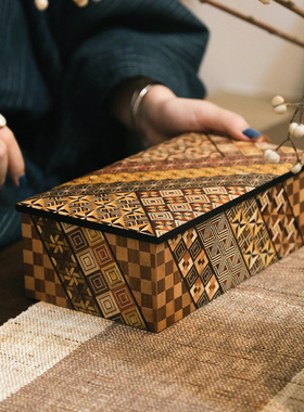 日本寄木细工首饰收纳盒高档精致珠宝盒8寸双层日式饰品镯子收纳