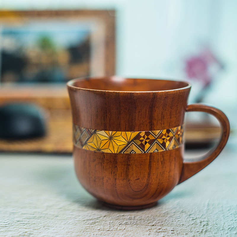 日本寄木细工木质马克杯高级感轻奢手工茶杯咖啡杯高档精致杯子