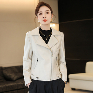 海宁真皮皮衣女短款修身外套2024春秋新款绵羊皮白色时尚机车款潮