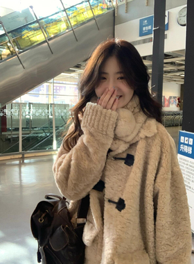 韩系翻领甜美温柔奶fufu羊羔毛外套女皮毛一体毛绒绒大衣秋冬加厚