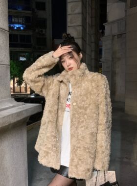 富人区2.0皮毛一体环保仿皮草托卡毛毛外套女立领短款羊羔毛大衣