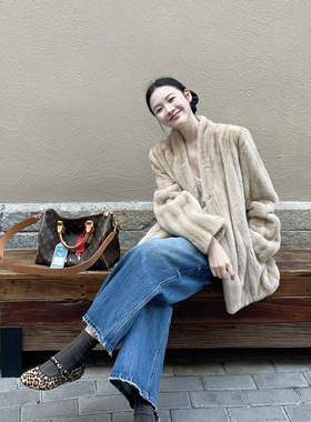 高端仿水貂绒环保皮草外套女冬季抽刀纹V领显瘦减龄百搭毛毛大衣