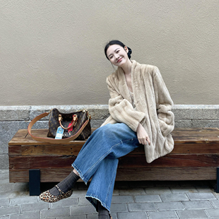 高端仿水貂绒环保皮草外套女冬季抽刀纹V领显瘦减龄百搭毛毛大衣