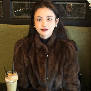 中古贵气仿水貂绒抽刀纹环保皮草大衣女冬季 立领显瘦慵懒毛毛外套