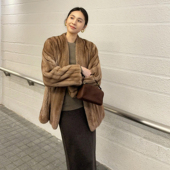 中古帕斯条仿貂抽刀纹环保皮草大衣高级感v领宽松毛毛外套女冬季