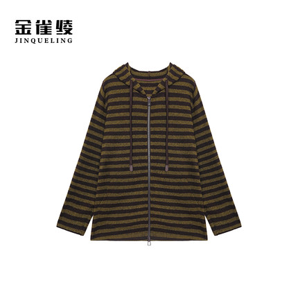 金雀绫【摩卡条纹】时尚条纹连帽拉链加宽加大外套SZA3TY799