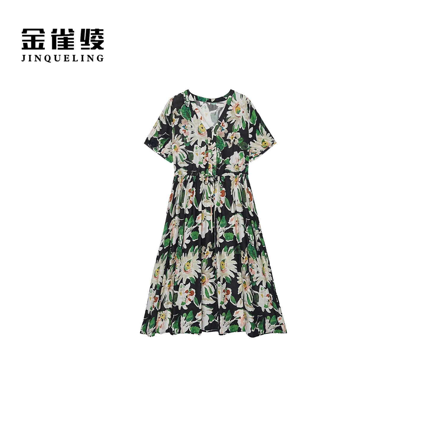 金雀绫【暗夜花语】轻奢碎花气质显瘦V领加宽加大连衣裙SZA2L386