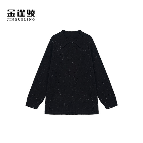 金雀绫【暗夜星辰】100绵羊毛翻领珠片加宽加大羊毛衫SZAK4SHY226