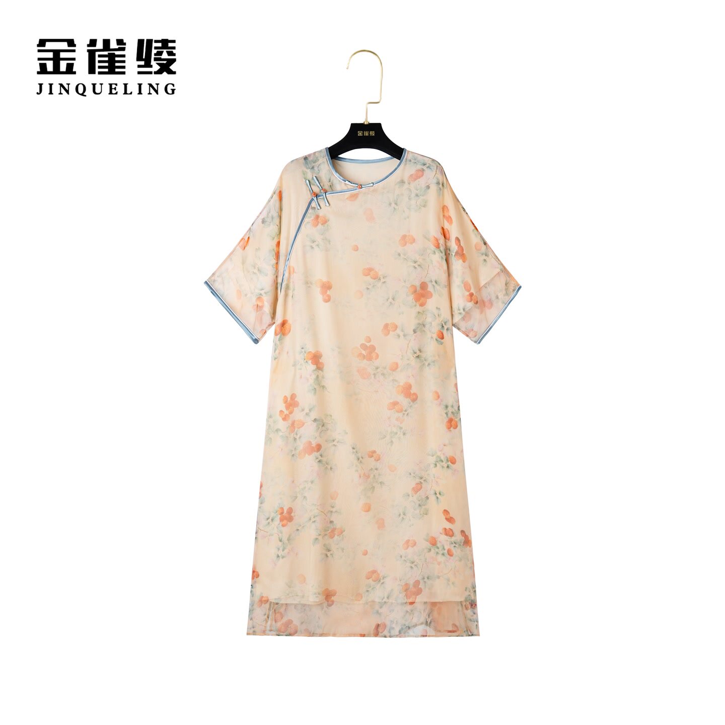 金雀绫【月下美人】桑蚕丝古风仙气印花国风款女士连衣裙B23046