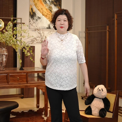 金雀绫【春小漾】法式半高领高弹加宽加大镂空蕾丝衫SZBW176