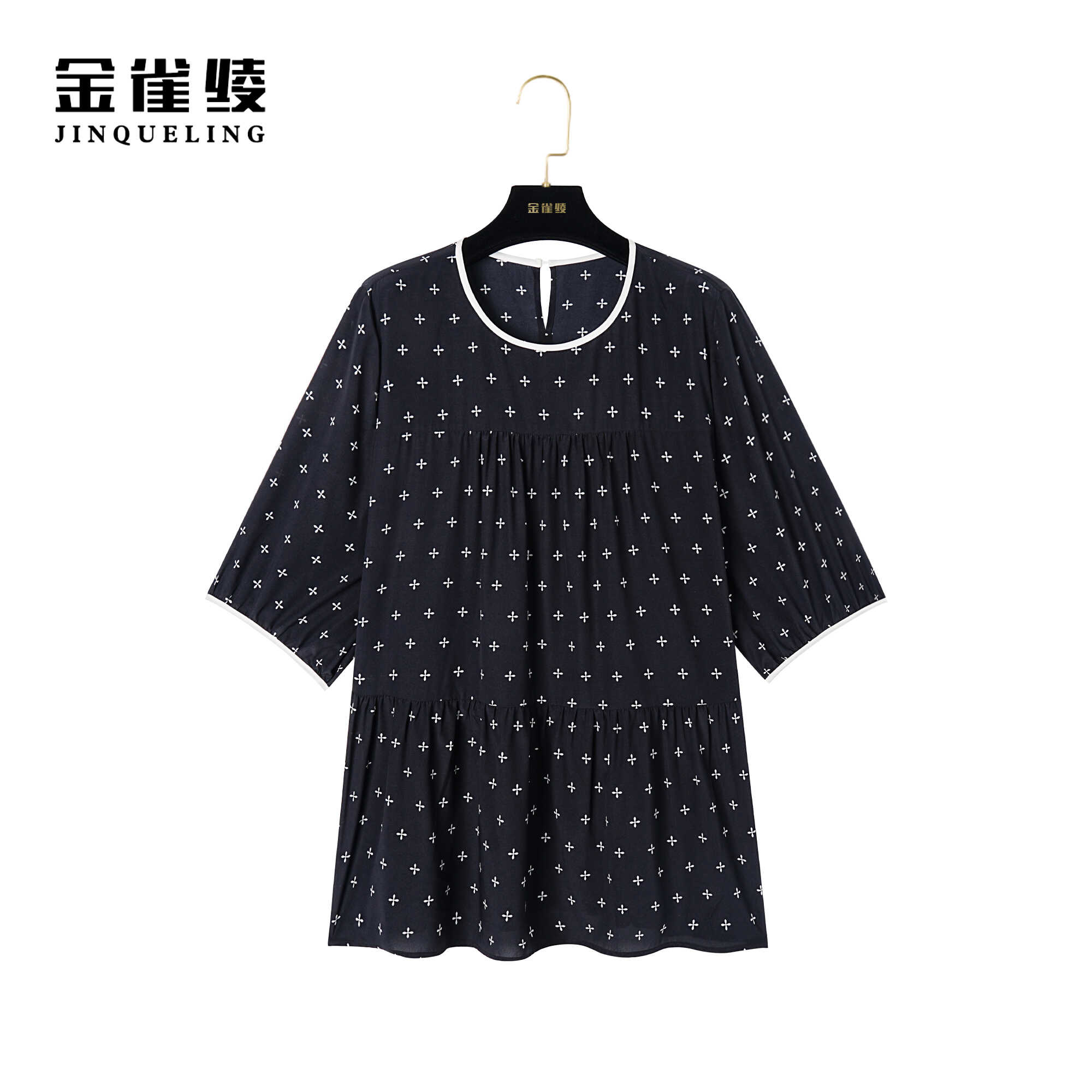 真丝小衫金雀绫圆领宽松显瘦双皱