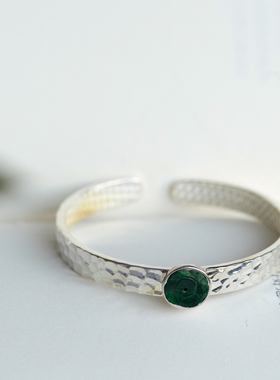泼墨。999足银  翡翠镶嵌    银镯手饰手镯    开口手环