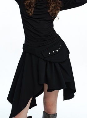 Roughneck韩国小众设计师品牌2025秋季新款不规则口袋半身垂褶裙