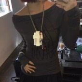 DYDOSHOP韩国设计师品牌字母印花超长袖 T恤女一字斜肩修身 上衣