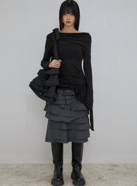 Flareup韩国代购黑色不对称荷叶边长袖T恤女层次感褶边长袖上衣