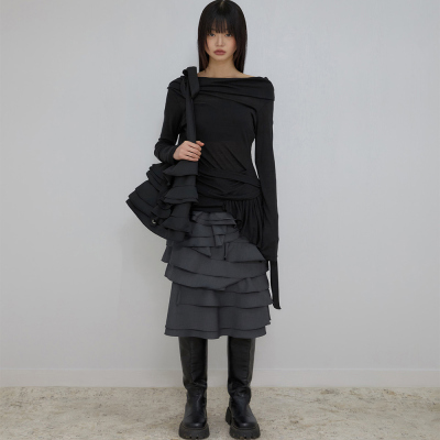 黑色不对称荷叶边长袖T恤女