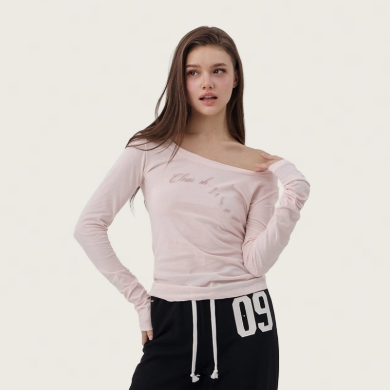 韩国设计师品牌一字肩长袖T恤