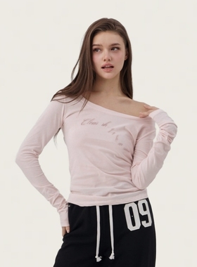 kleesier韩国直邮正品字母印花斜肩显瘦时尚粉色甜美长袖T恤衫