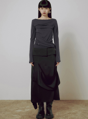 flareup韩国代购简约风不对称分层工装半身裙女气质显瘦褶皱长裙