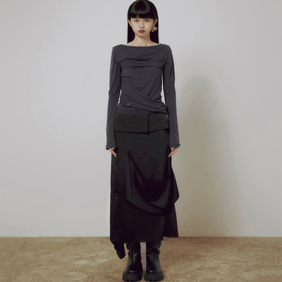 不对称分层工装半身裙女褶皱长裙