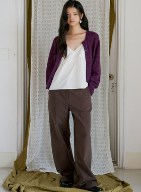 POETE韩国小众品牌复古简约风紫色开衫女针织衫显瘦百搭毛衣外套