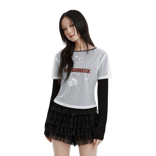 Roughneck韩国代购2025冬新款字母印花拼接长袖T恤女修身内搭打底