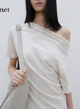 Deinet韩国小众品牌流行简约设计感一字肩时尚百搭短袖女T恤衫