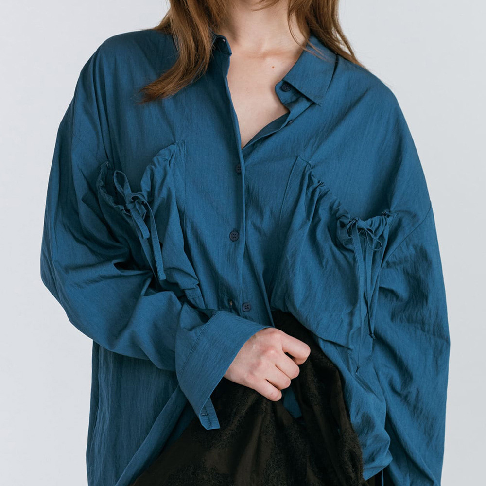 Moifaire韩国代购长袖衬衣女2025秋冬季新款抽绳口袋翻领蓝色衬衫