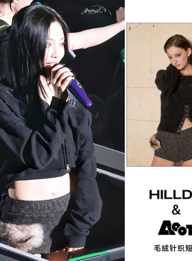 宁艺卓同款HILLDA韩国小众品牌辣妹拼仿皮草毛绒针织短裤休闲女