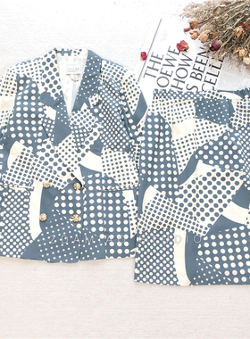 ZDAMIAO港风复古波点雾霾蓝巴洛克西服半裙套装古着vintgae大牌