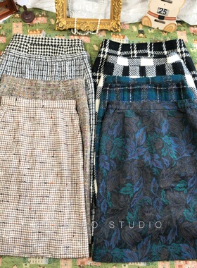 ZDAMIAO日本制古着vintage小香风粗花呢格纹半裙包臀鱼尾秋冬