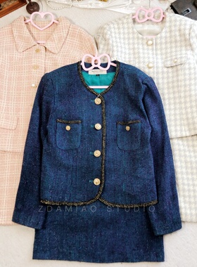 ZDAMIAO日本古着vintage中古粗花呢千金风金扣小香风外套半裙套装