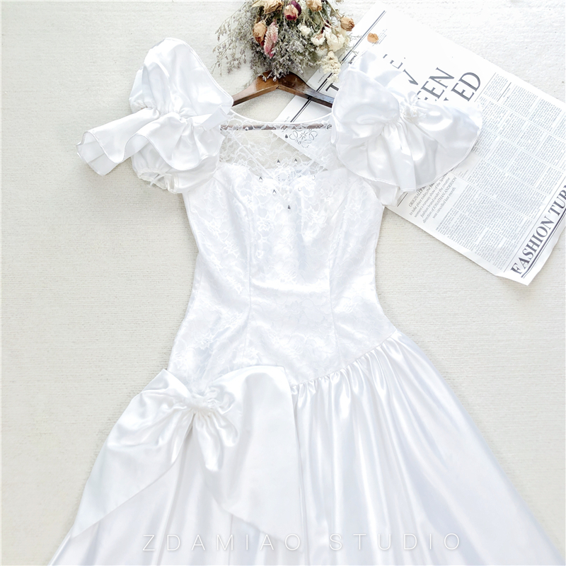 vintage70s法式复古蕾丝小飞袖公主腰线礼服轻婚纱古董连衣裙伴娘
