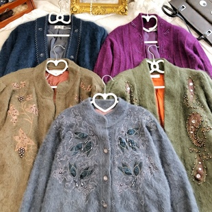 ZDAMIAO中古vintage古早港风复古钉珠刺绣兔毛大衣外套秋冬保暖