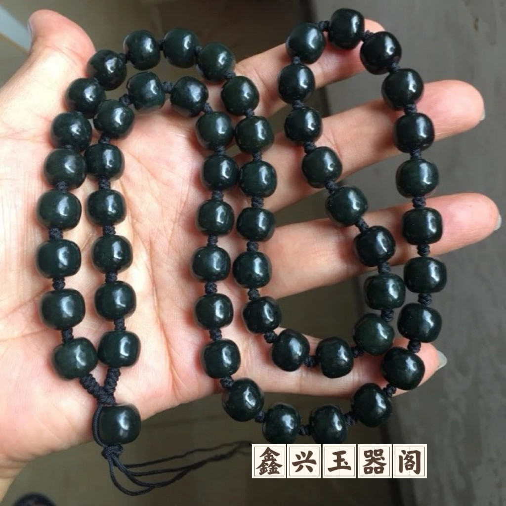 新疆和田玉项链男款黑青色深墨绿老型珠苹果珠路路通大号转运珠链