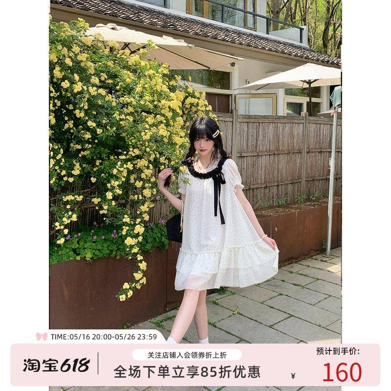 BibiBency熊姨家 法式温柔风小个子波点裙子中长款白色连衣裙女夏