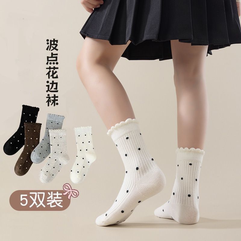 春秋冬女童波点泡泡口中筒袜