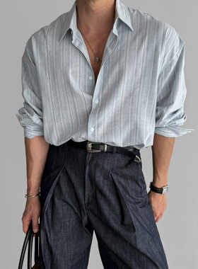 ROCHIN CUBE | 2025条纹长袖衬衫男士新款老钱风休闲免烫蓝色轻薄