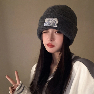 含羊毛秋冬毛线堆堆帽大头围百搭灰色冷帽保暖帽子情侣护耳针织帽