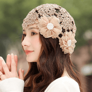 花朵帽子女款女孩镂空薄款包头帽春夏季新款手工钩花头巾遮白发帽